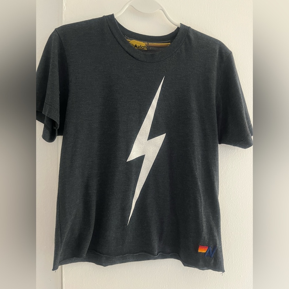 Aviator Nation Lightning Bolt Boyfriend Short Sleeve Tee Charcoal Gray sz S